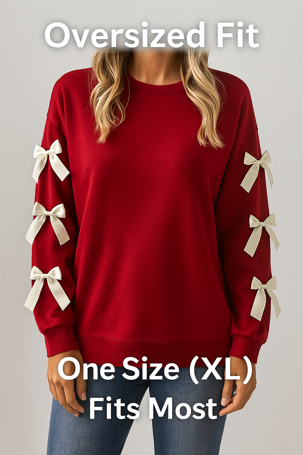Elegant Red Sweater with Ribbon Sleeves – One Size Oversized Fit