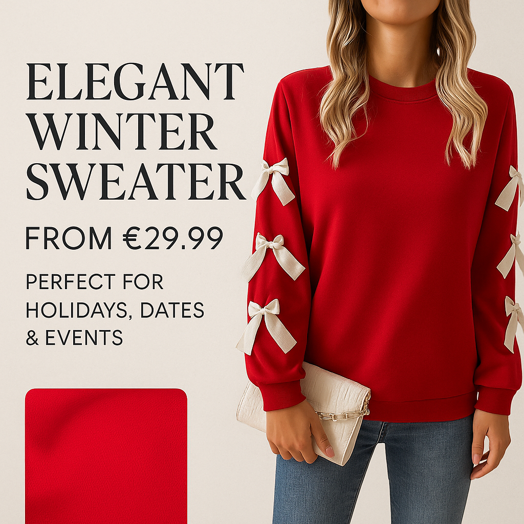 Elegant Red Sweater with Ribbon Sleeves – One Size Oversized Fit
