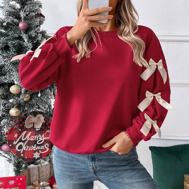 Elegant Red Sweater with Ribbon Sleeves – One Size Oversized Fit