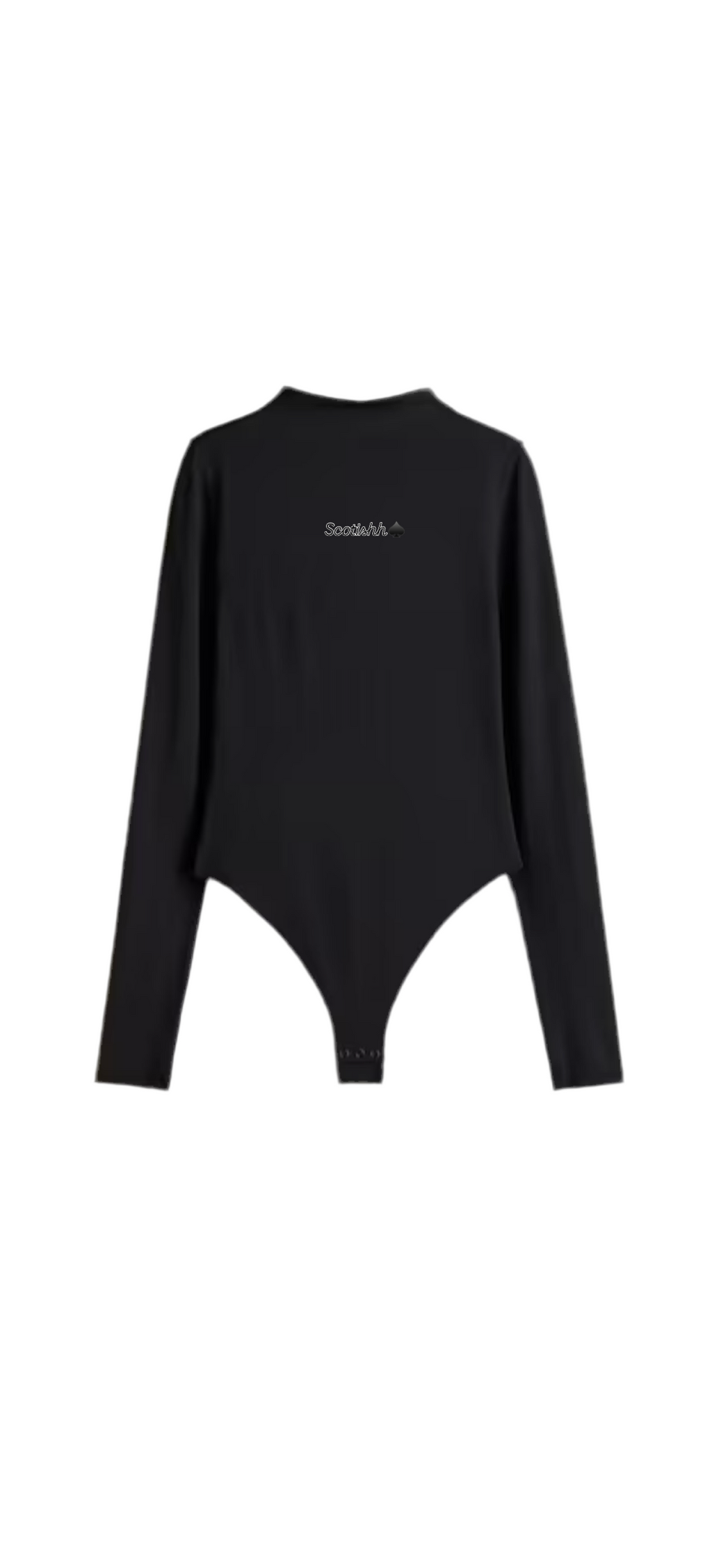 Black bodysuit with thong and turtleneck .