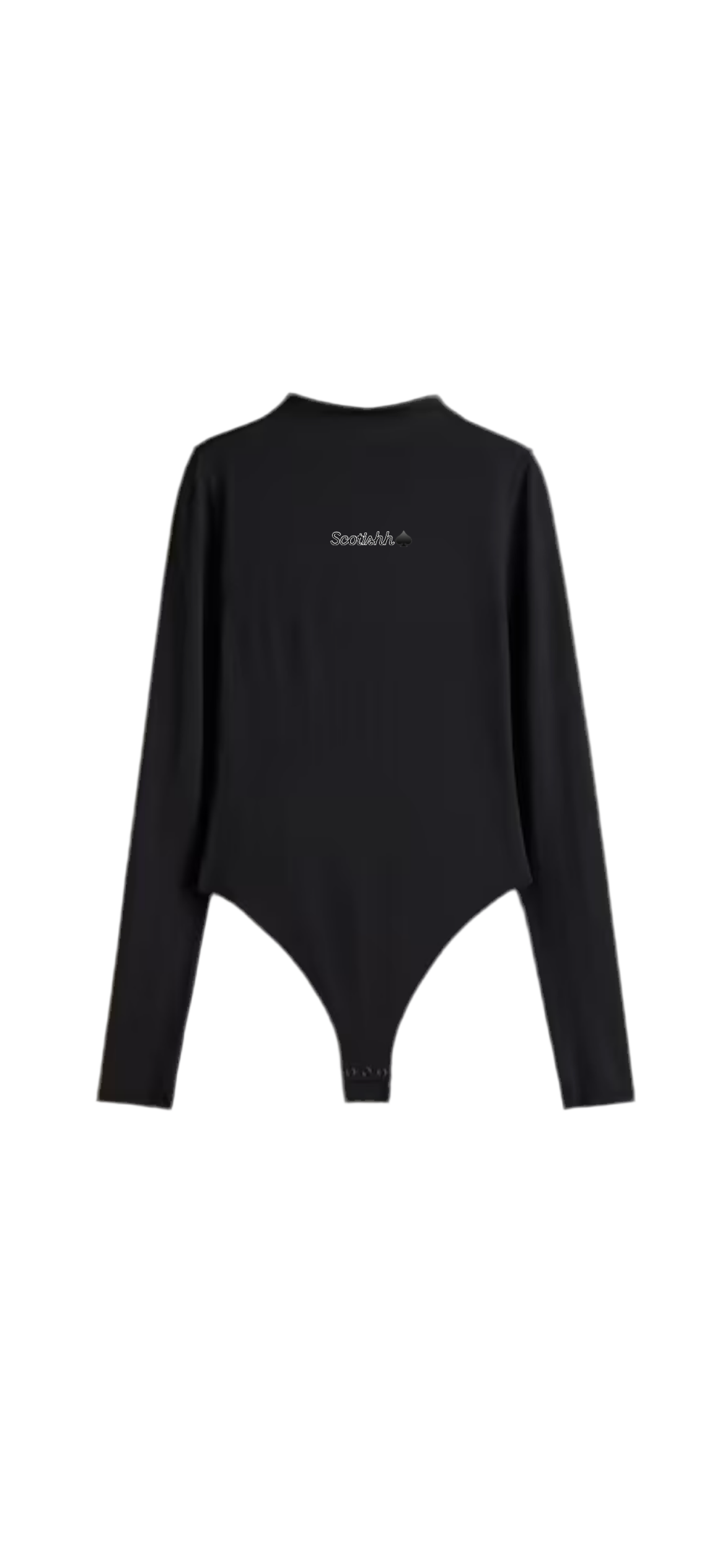 Black bodysuit with thong and turtleneck .