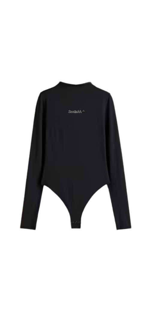 Black bodysuit with thong and turtleneck .