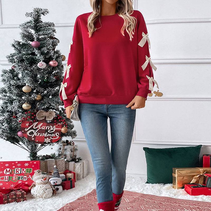 Elegant Red Sweater with Ribbon Sleeves – One Size Oversized Fit