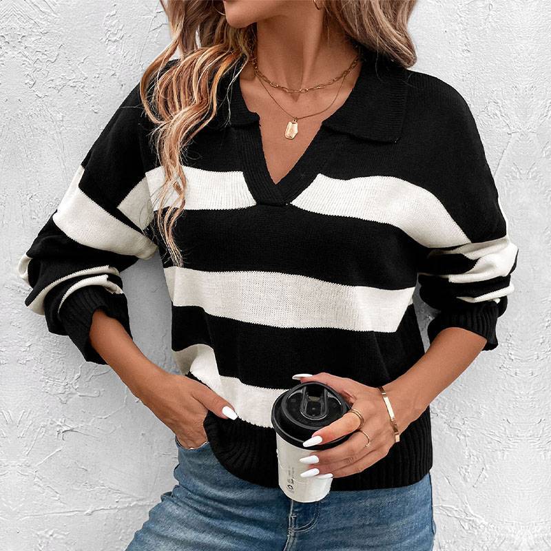 Women’s Striped Sweater – Black & White Casual Knit (S–L)