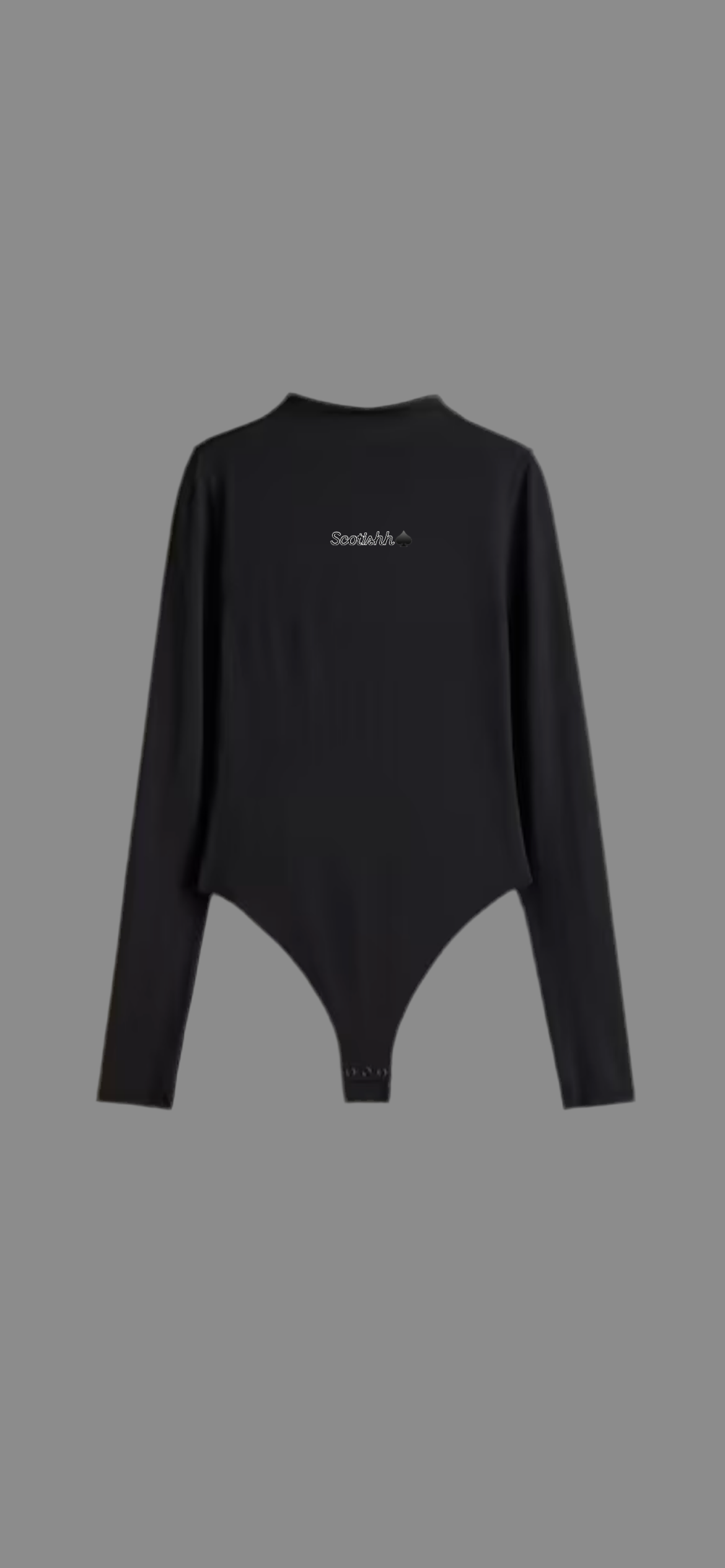 Black bodysuit with thong and turtleneck .