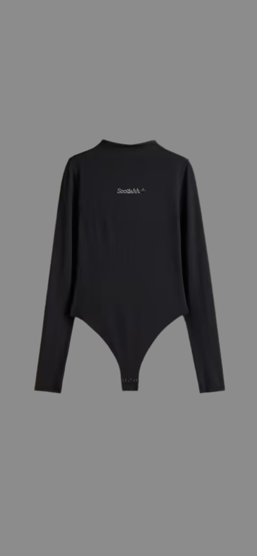 Black bodysuit with thong and turtleneck .