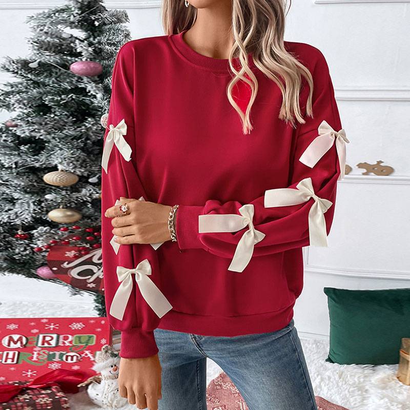 Elegant Red Sweater with Ribbon Sleeves – One Size Oversized Fit